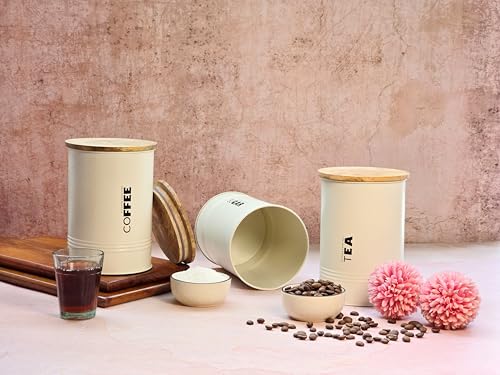 Image of JISCOVERY Airtight Tea, Coffee & Sugar Container Set of 3| Metal Storage Canister with Wooden Lid for Kitchen| Storage Box for Kitchen Counter Top| 1300 ML| Beige
