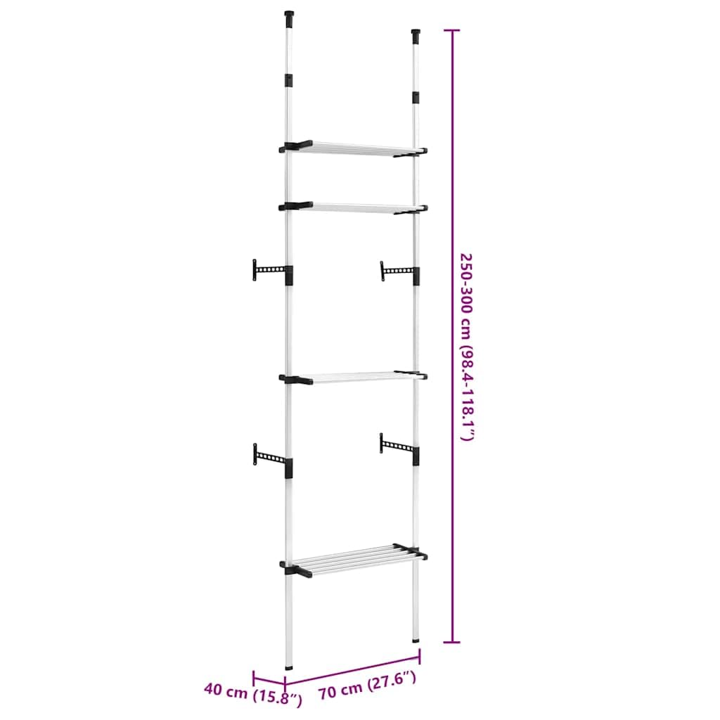 Teleskopowa garderoba z półkami, aluminiowy stojak na ubrania do sypialni, system przechowywania z regulacją wysokości, nowoczesny design, srebrny/czarny, 70 x 40 x 250-300 cm