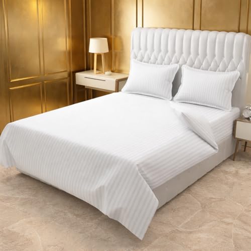 Image of Prozone Premium Satin Stripe Double Bedsheet with 2 Pillow Covers | Soft & Luxury Hotel Style Bedding for Double Bed (Cream)
