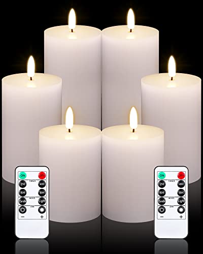 Image of Leelosp 6 Pack Flameless Candles with Remote Timer, Battery Operated Flickering Flameless Candles Bulk Flat Top Pillar LED for Wedding Festival Outdoor Home Decor D 3'' H 4'' 5'' 6''(White)