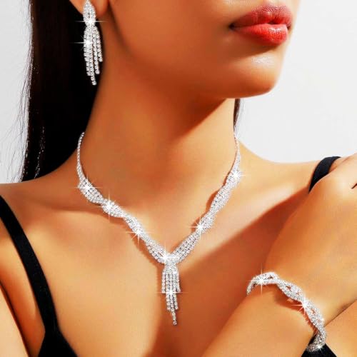 GORAIS Wedding Jewelry Sets Rhinestone Necklace Silver Bridal Prom Jewelry Set for Women and Brides4