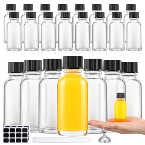 Hsei 1 oz Glass Bottle with Black Cap Clear Sample Boston Round Bottle Small Glass Containers with Lids and Funnel Chalk Labels Pen for Vanilla Extract Essential Oils(24 Pcs, 2 Sheet) by Hsei - Used condition - US$18.04
