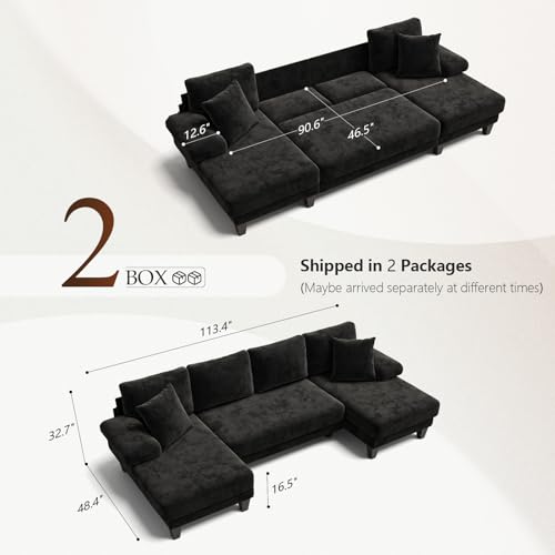 Image of Txtin's Sleeper Sofa with Pull Out Couch Bed | 112 Inch Couches for Living Room | U-Shaped Convertible Sofa Bed | Chenille Black