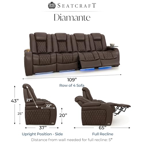 Image of Seatcraft Diamante Brown Italian Leather Home Theater Seating, Zero Gravity Power Recliner Gaming and Home Office Chair, Powered Headrest Lounge Sofa Furniture for Cinema Room, Row of 4 Sofa