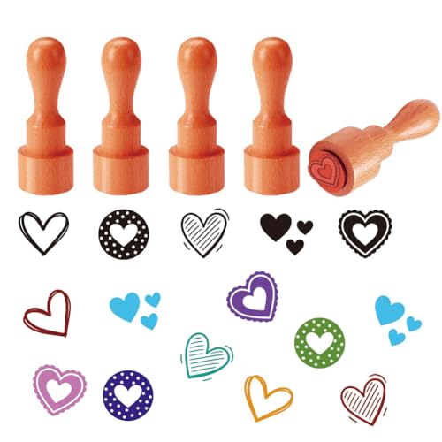 AHANDMAKER 5 Styles Heart Patterns Wooden Rubber Stamps Love Heart Theme Round Handle Wood Stamps Mini Decorative Wooden Stamp for DIY Crafting Card Valentines Day Gifts(No Ink Include)