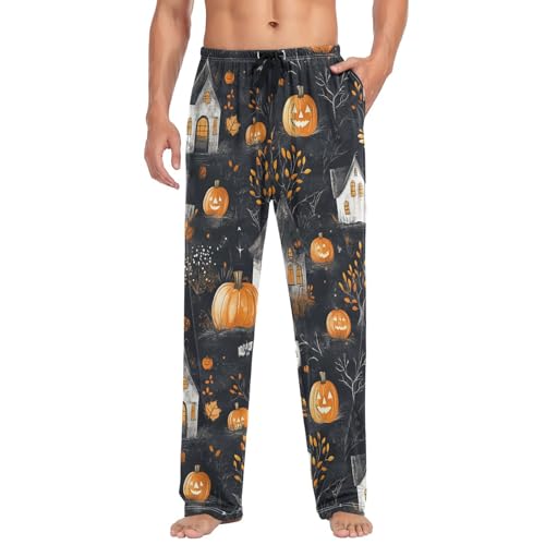 Mens Pajama Pants Halloween Castle Pumpkin Soft Lounge Sleep Pj Bottoms with Drawstring Pockets