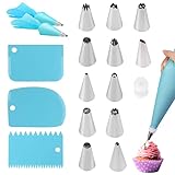 【Conjunto de puntas de tubería】Este conjunto de puntas de tubería contiene 12 puntas de tubería de acero inoxidable,3 raspadores de pasteles,1 cambiador de boquillas y 1 manga pastelera de silicona reutilizable.