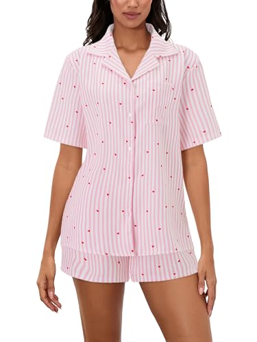Acrawnni Sommer-Pyjama-Set für Damen, 2-teilig, kurze Nachtwäsche mit Knopfleiste, Sommer-Schlafanzug, Blumen/Herz, gestreift, Nachtwäsche,...