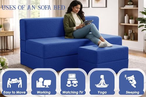 Image of Rosebell Foldable Sofa-Cum-Bed with Ottoman | 3-in-One Foldable Sofa, Lounger & Bed-5x6 Feet Three Seater- Perfect for Home & Office -Blue-Color