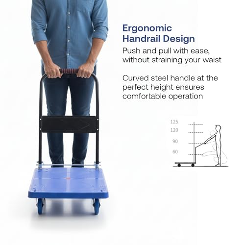 Image of BonKaso 300Kg Heavy-Duty Foldable Platform Trolley | Plastic Hand Truck with 4 Wheels & Cushioned Grip Handle | Durable Material Cart for Home, Office, Warehouse & Industrial Use (90x60x86cm, Blue)