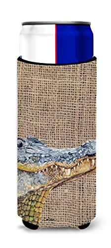 Alligator on Faux Burlap Ultra Beverage Insulators for slim cans 8733MUK