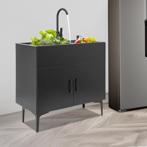 32-Inch Utility Sink Cabinet with 360° Swivel Hot/Cold Fauce, Laundry Sink with Cabinets and Stainless Steel Double Sinks, Freestanding Cabinet with Sink for Laundry&Utility Room, Kitchen, Bathroom - Thumbnail 4