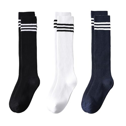 Santgoo Cotton Knee High Socks for Girls,Long Tube School Uniform Socks with Stripes,Black/White/Navy 8-10 Years Old
