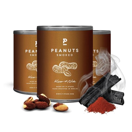 P-STASH Erdnüsse mit Rauch-Geschmack, Smoked Peanuts 3x60g, fettfreie Trommelröstung, Nussmischung mit einzigartigen Gewürzkombinationen, Premium Nuts made in Berlin