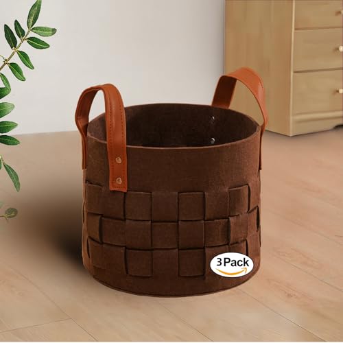Image of BOLDMONKEY Storage Baskets for Shelves 3 Pack, Medium 11 inch x11 inch x9.5 inch Round Decorative Storage Basket Felt with Leather Handle, Soft Clothes Basket for Socks, Neckties Organizer-Brown