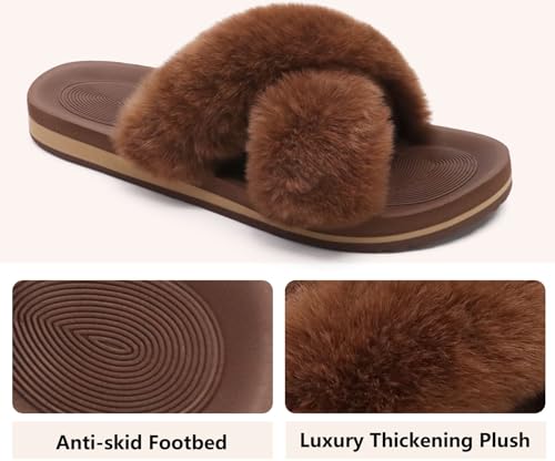 Image of COFACE Womens Fuzzy Slides Fluff Faux Fur Cross Slippers Open Toe Yoga Mat House Slipper Sandals With Arch Support For Indoor /Outdoor