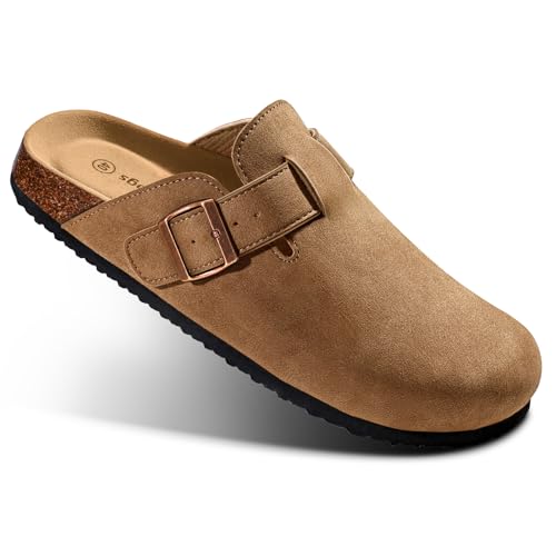 Image of BULLIANT Women Clogs-Fleece-Lined Suede Mules Slippers Nurse Shoes Unisex-Memory Foam Arch Support Cork-Footbed