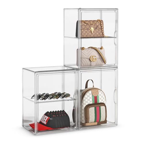 MSHOMELY Purse Storage Organizer for Closet 3 Packs Clear Handbag Storage Organizer Acrylic Display Case with Adjustable Divider for Collectibles, Stackable Bag Organizer for Wallet, Figure, XXX-Large