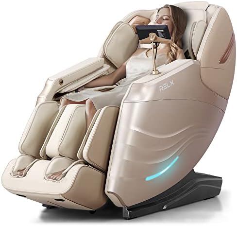 RELX Massage Chair Full Body Zero Gravity SL-Track Shiatsu Massage Chair, 12 Modes, Built-in Heat Therapy System, Airbag Massage, with Yoga Stretch, Foot Massage, AI Control and LCD Screen（Cream）