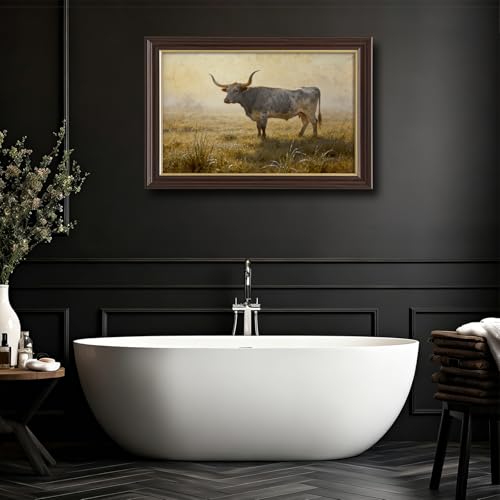Image of Antique Framed Longhorn Cattle Canvas Wall Art, Western Farm Animal Oil Painting Canvas Prints, Vintage Ranch Wall Decor Pictures for Living Room Bedroom Office Bathroom