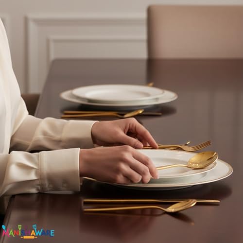 Image of Slim Handle Gold 12 Pcs Stainless Steel Cutlery Set for Dining Table, Dishwasher Safe Glossy Flatware (3 Spoon Set + 3 Forks Set + 3 Butter Knife + 3 Dessert Spoon)
