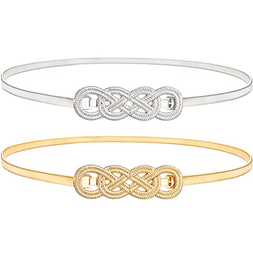 Glamorstar 2 Pieces Metal Stretch Elastic Waist Belt Skinny Thin Belt for Women Dress