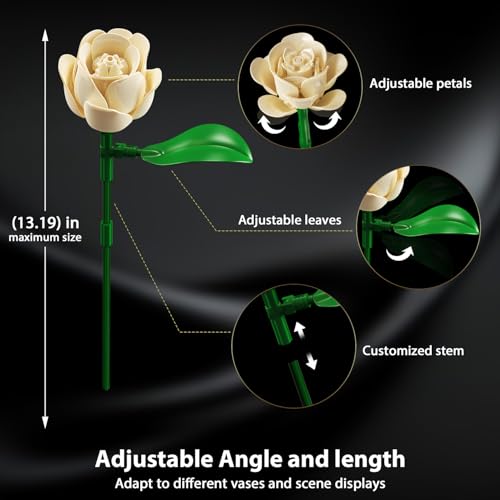 Image of PLAXSOON Flowers Bouquet Building Set with Lights for Adults Girls 8+ | 16 Champagne White Roses Botanical Collection Building Blocks, Artificial Flower Gift for Her Home Decor(523PCS)