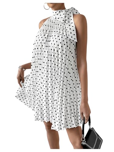 MakeMeChic Women's Polka Dots Halter Dress Tie Sleeveless Pleated A Line Flare Mini Dresses White Small