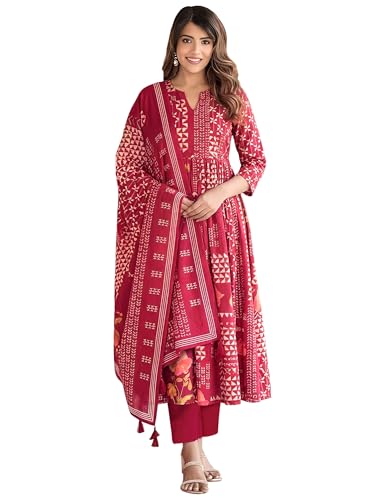 Ensemble Anarkali Kurta rose au fini fluide et col en V graphique