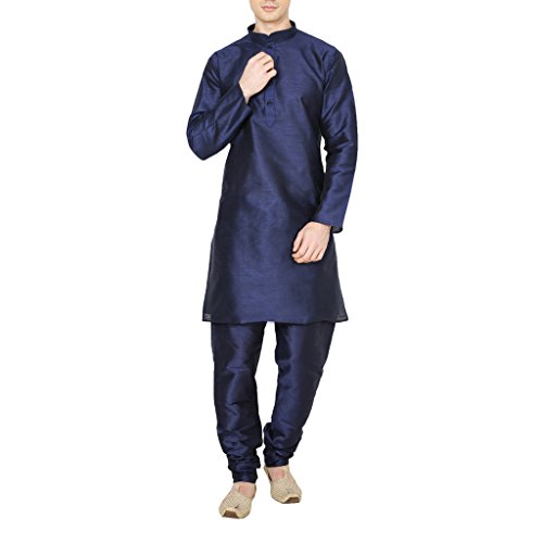 Image of Royal Kurta Men's Navy Blue Silk Blend Festive Kurta Churidar Set