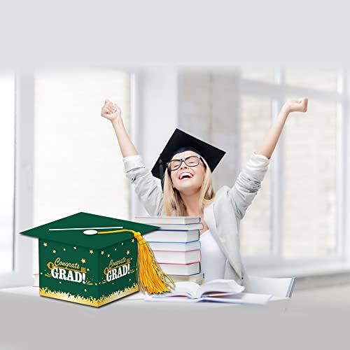 Image of 2026 Graduation Party Card Box, Green Gold Congrats Cap Card Holder Box with Tassel for 2026 Graduation Party Decoration