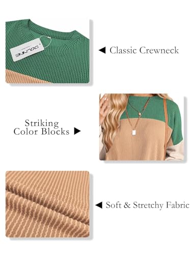 Image of Plus Size Tops for Women Fall Casual Striped Ribbed Shirts Loose Fit Long Sleeve Tunic Green Orange XL