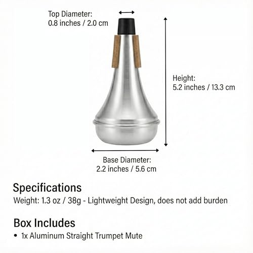 Professional Trombone Practice Mute, Aluminum Straight Mute, 0.7 Inch Opening, Silver Finish with Cork Strips