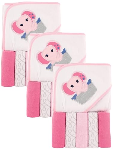Image of Luvable Friends Unisex Baby Hooded Towel with Five Washcloths, Pink Elephant, One Size (Pack of 3)