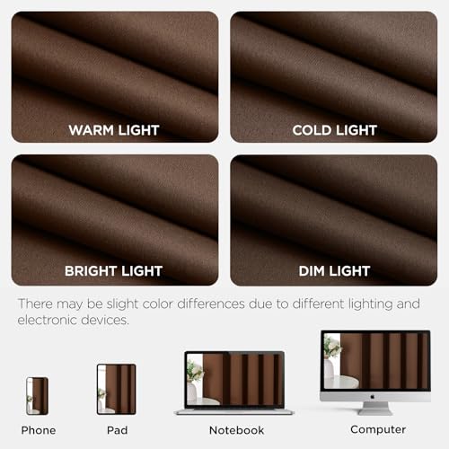 Image of Joydeco Loops, Concealed Curtains, Set of 2, H 175 x W 140 cm, Brown Blackout Opaque Short Polyester Curtain Rod Pocket Curtains Bedroom Living Room Curtains