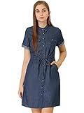 Allegra K Women's Jean Dress Short Sleeve Tie Waist Casual Button Down Shirt Denim Dresses Small Medium Blue