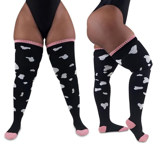 Image of Thunda Thighs Plus Size Thigh High Socks, Over the Knee High Boot Stockings Leg Warmers, Extra Long & Thick Socks Cow Print White Spots