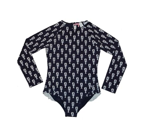 vineyard vines Girls Ruffle One Piece Rash Guard Swimsuit Lobster Stack XL 16 Navy