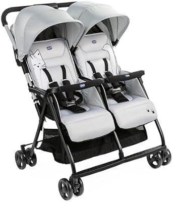 Chicco OHlalà - Cochecito doble doble doble de 0 meses a 15 kg, cochecito ligero reclinable y plegable, reposapiés ajustables, cubierta de lluvia y capota extensible Silver Cat, gris