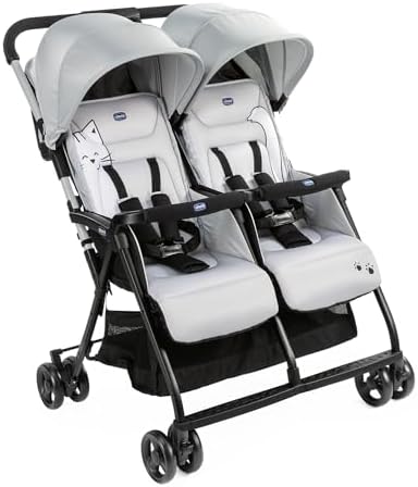 Chicco OHlalà - Cochecito doble doble doble de 0 meses a 15 kg, cochecito ligero reclinable y plegable, reposapiés ajustables, cubierta de lluvia y capota extensible Silver Cat, gris