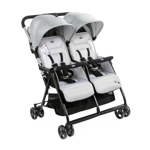 Chicco OHlalà - Cochecito doble doble doble de 0 meses a 15 kg, cochecito ligero reclinable y plegable, reposapiés ajustables, cubierta de lluvia y capota extensible Silver Cat, gris