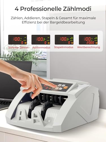 FOHERE Geldzählmaschine, Professioneller Geldzähler mit UV/MG/IR/DD Fälschungserkennung, 1100 Banknoten/Minute, LCD-Display, Wert- und Batch-Modus für Geschäfte, Banken und Restaurants