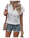MakeMeChic Women's Embroidered Eyelet Tops V Neck Short Sleeve Lace Trim Blouses Shirts White M