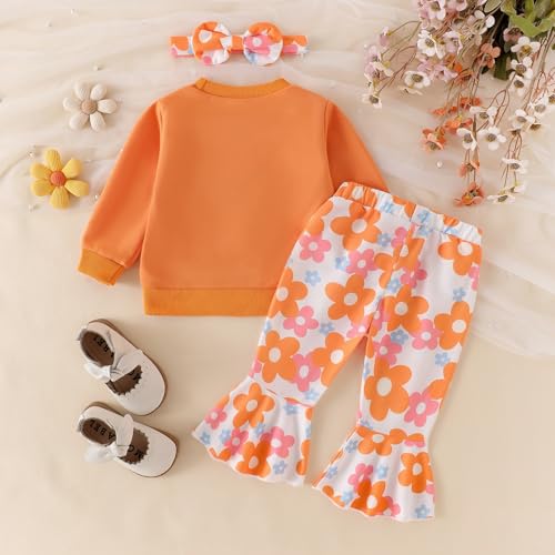 Image of Baby Girl Clothes Fall Winter Long Sleeve Bear Cartoon Sweatshirt Flare Pants Bow Headband Set 6 Months-4 Years Old