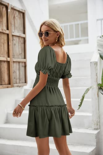 Image of Womens Babydoll Mini Dress Casual Square Neck Short Sleeve Summer Dresses | Empire Waist, Smocked, Flowy, Short Beach Dress, Vacation, Floral, Boho