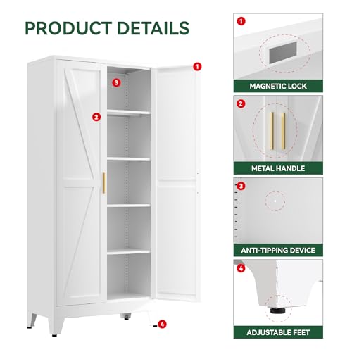 Image of Kitchen Pantry Cabinet,71 inch H x 31.5 inch W,Metal Farmhouse Storage Cabinet with Adjustable Shelves and Barn Doors,5-Tier Storage Cabinet for Kitchen Dining Room Garage,White 1 Pack