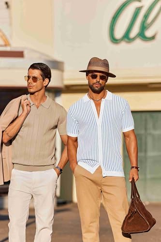 Image of COOFANDY Mens Knit Button Down Shirts Short Sleeve Polo Shirt Vintage Striped Casual Shirts