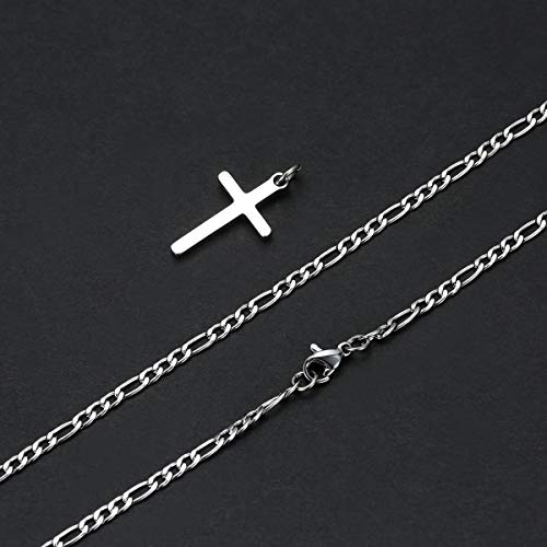 Cross Necklace for Men Stainless Steel Figaro Chain Cross Pendant Necklace Plain Polished Simple Faith Jewelry Gift for Men Women 16-24 Inches3