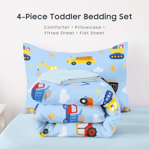 Image of Wake In Cloud - Toddler Bedding Set for Boys, Construction Car Excavator Truck, 4 Pieces Soft Crib Bed Set Including Comforter, Sheets and Pillowcase, Light Blue