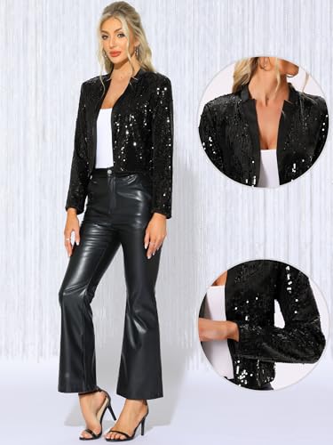 Allegra K Sequin Crop Jacket for Women's Party Long Sleeve Open Front Sparkle Glitter Blazer2